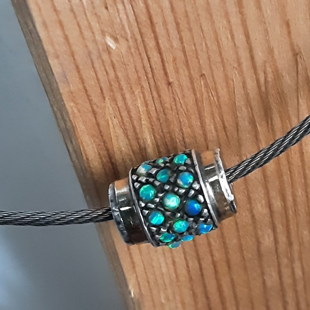 Choker style necklace Sterling barrel pendant  w/opals surrounded by 14K gold